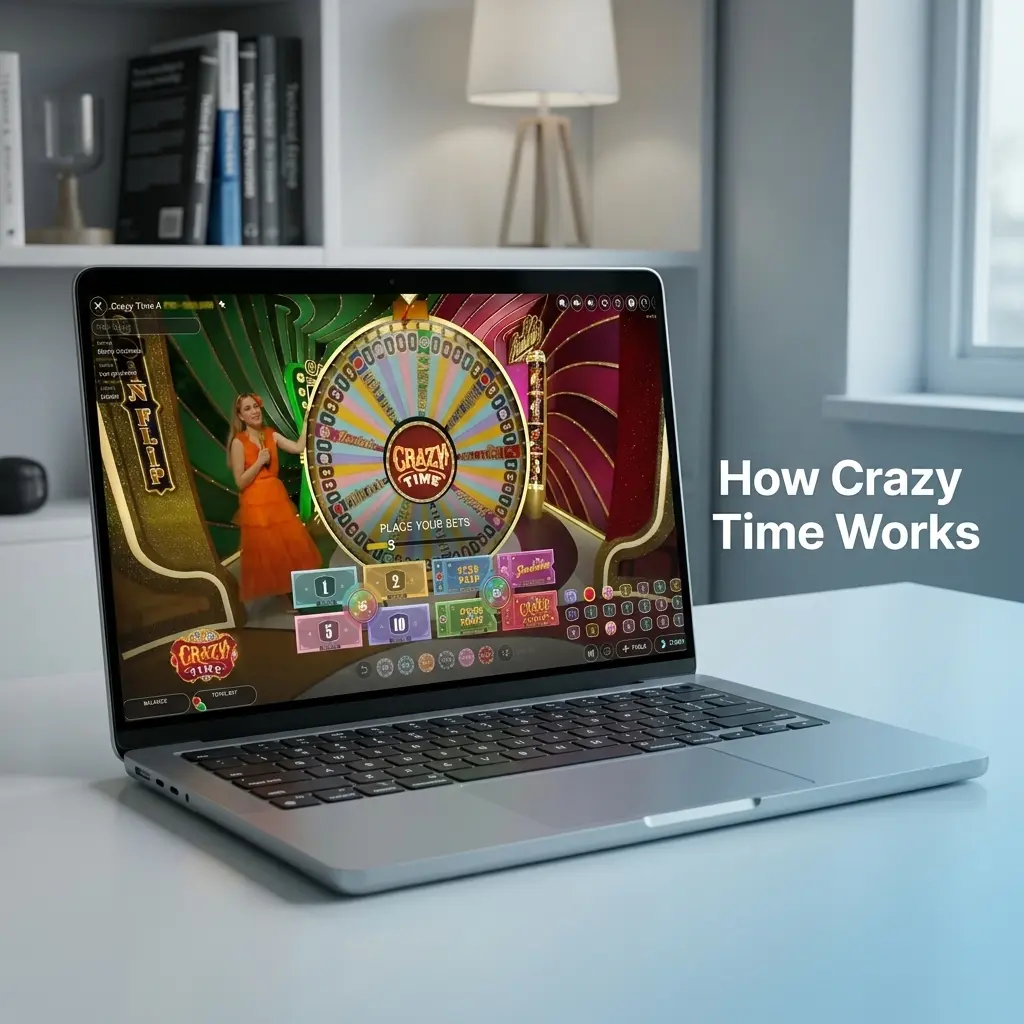 Live host spinning a 54-segment Crazy Time wheel showing bet options, Top Slot multipliers, and bonus round triggers