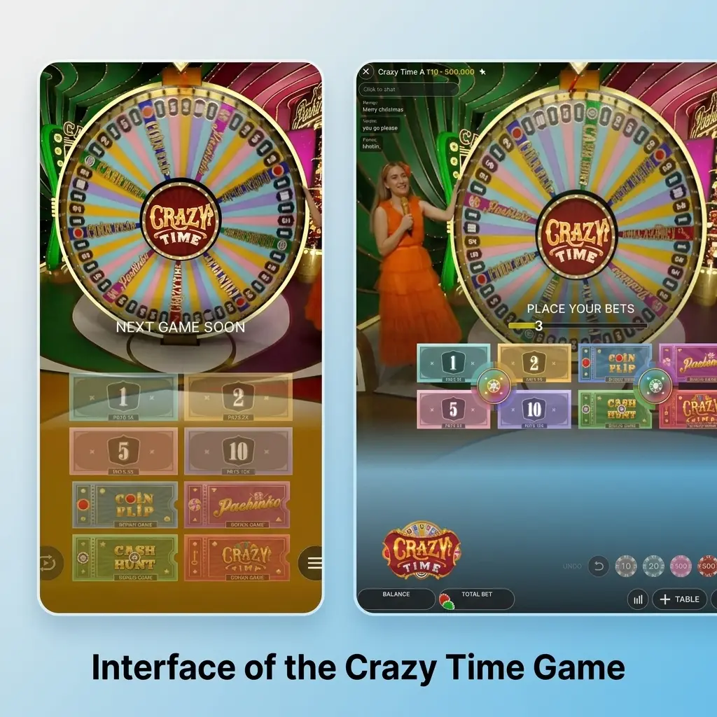 Crazy Time game interface showing large spinning wheel, live host, betting grid, segment stats, and recent results ticker