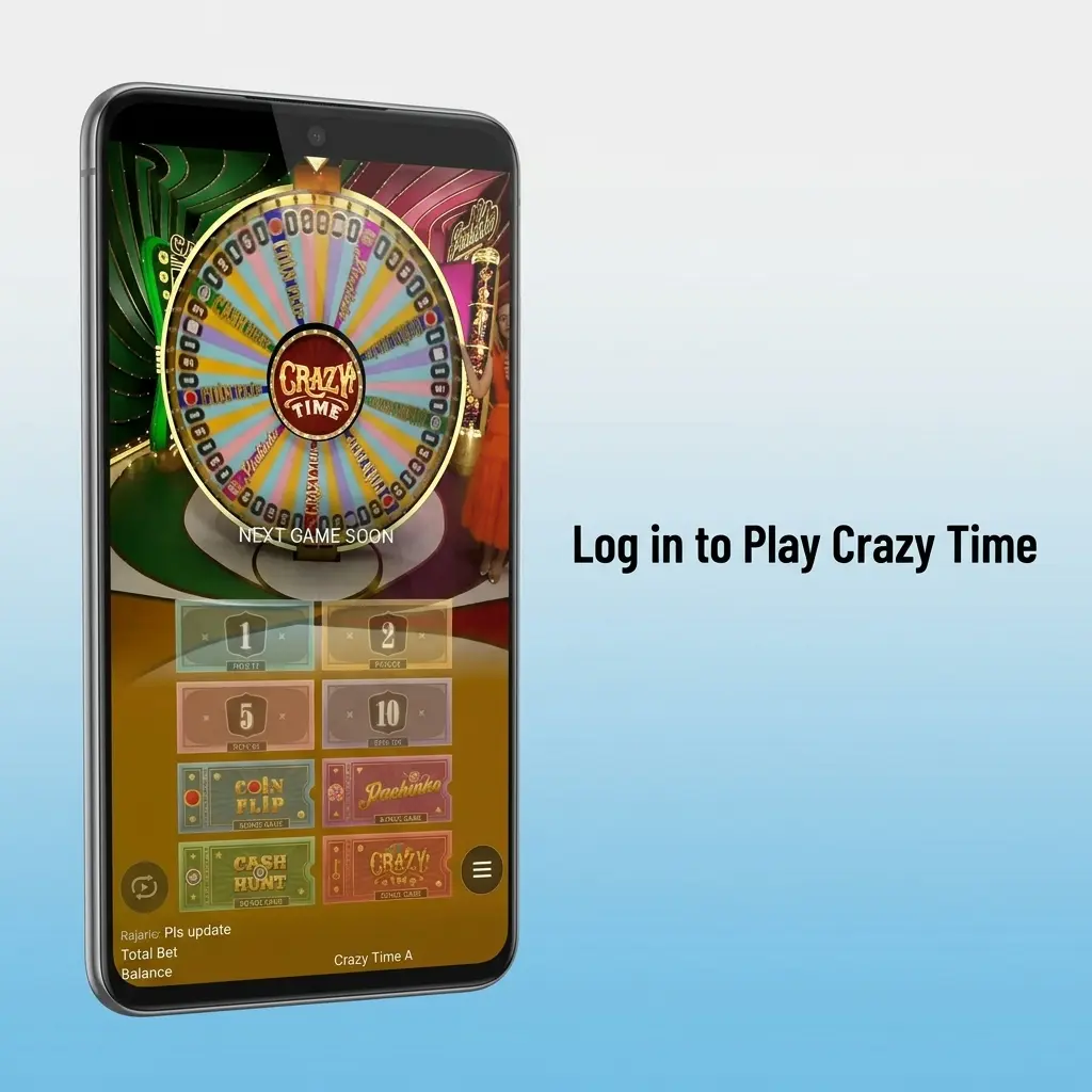 Player logging into Crazy Time live casino account on desktop or mobile app to access live table games