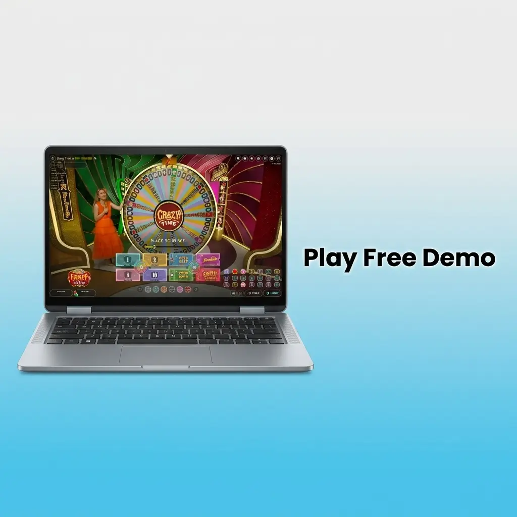 Crazy Time free demo mode showing wheel layout, bonus games, and multipliers with no financial risk
