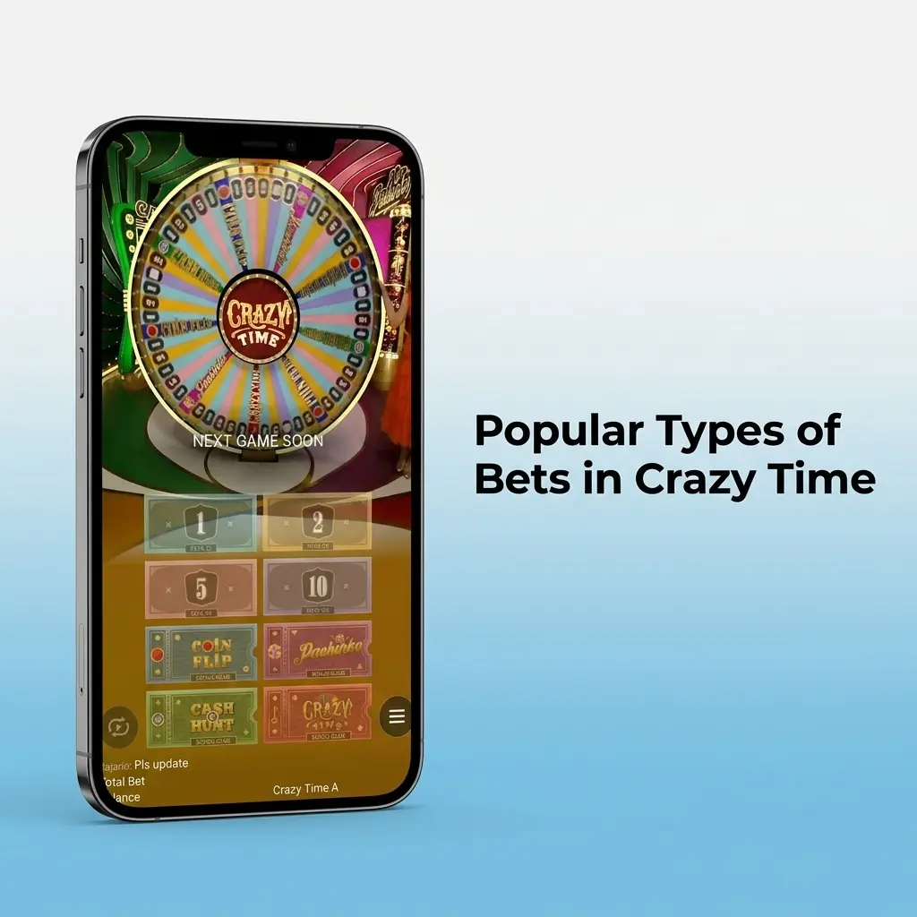 Crazy Time bet types including number bets and bonus rounds like Cash Hunt, Pachinko, Coin Flip, and Crazy Time segment