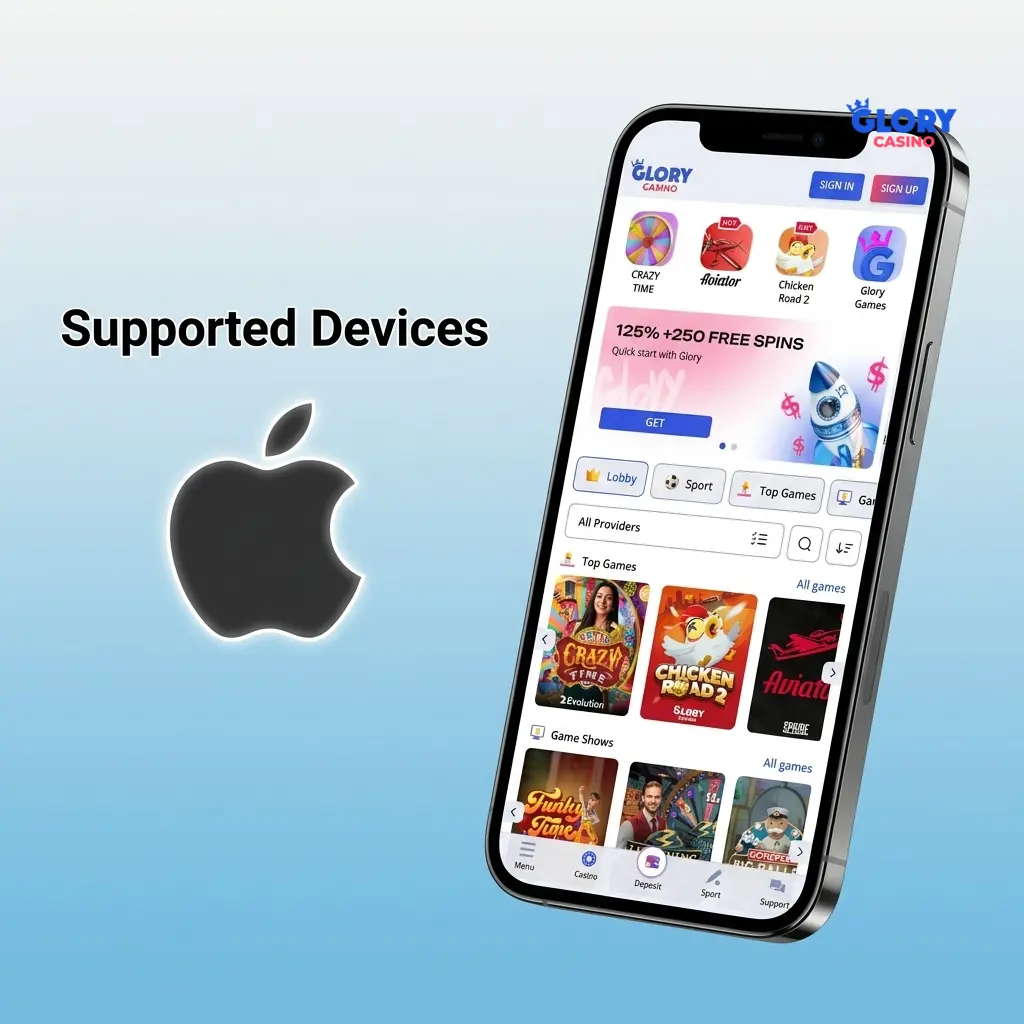 Apple devices including iPhones and iPads running iOS 12 or later that support the Glory Casino app