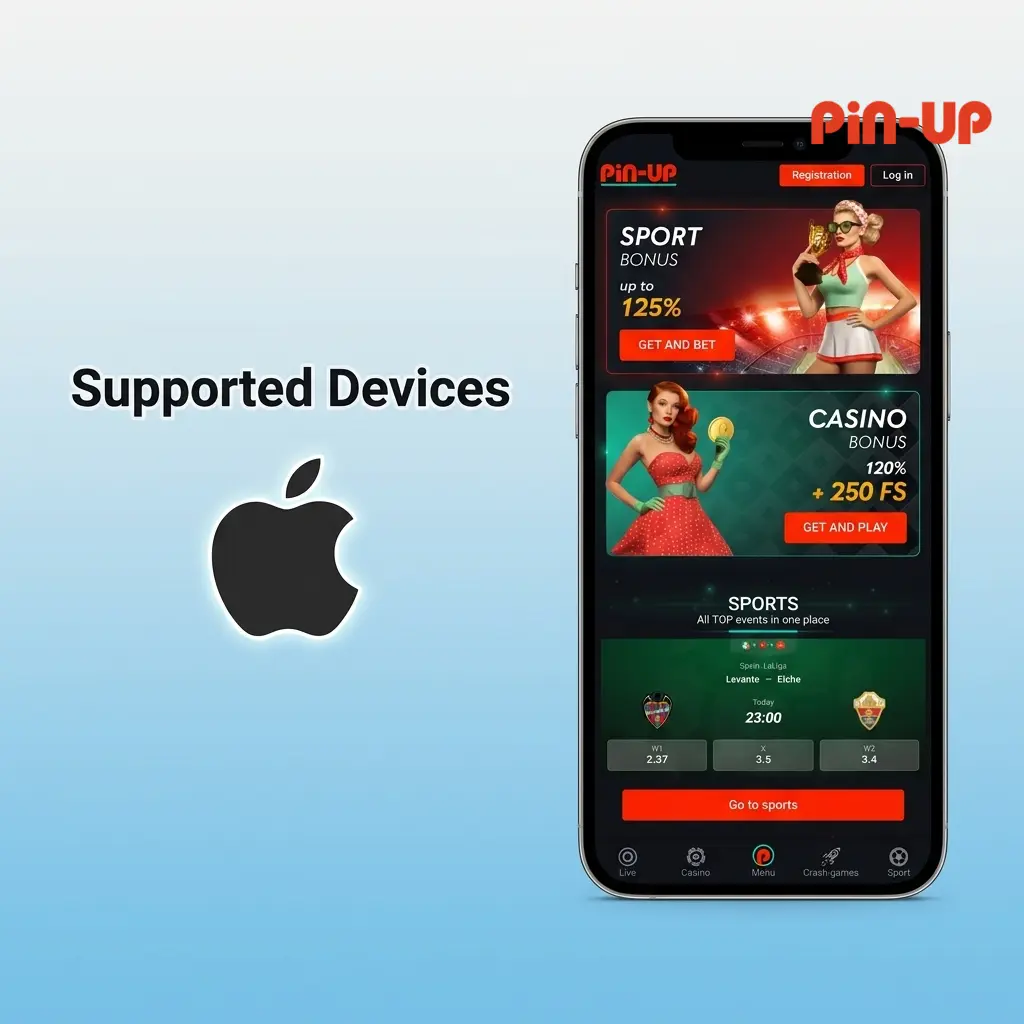 Apple devices compatible with Pin-Up PWA app including iPhone SE, iPhone 11-15 Pro, and iPad models running iOS 12 or later